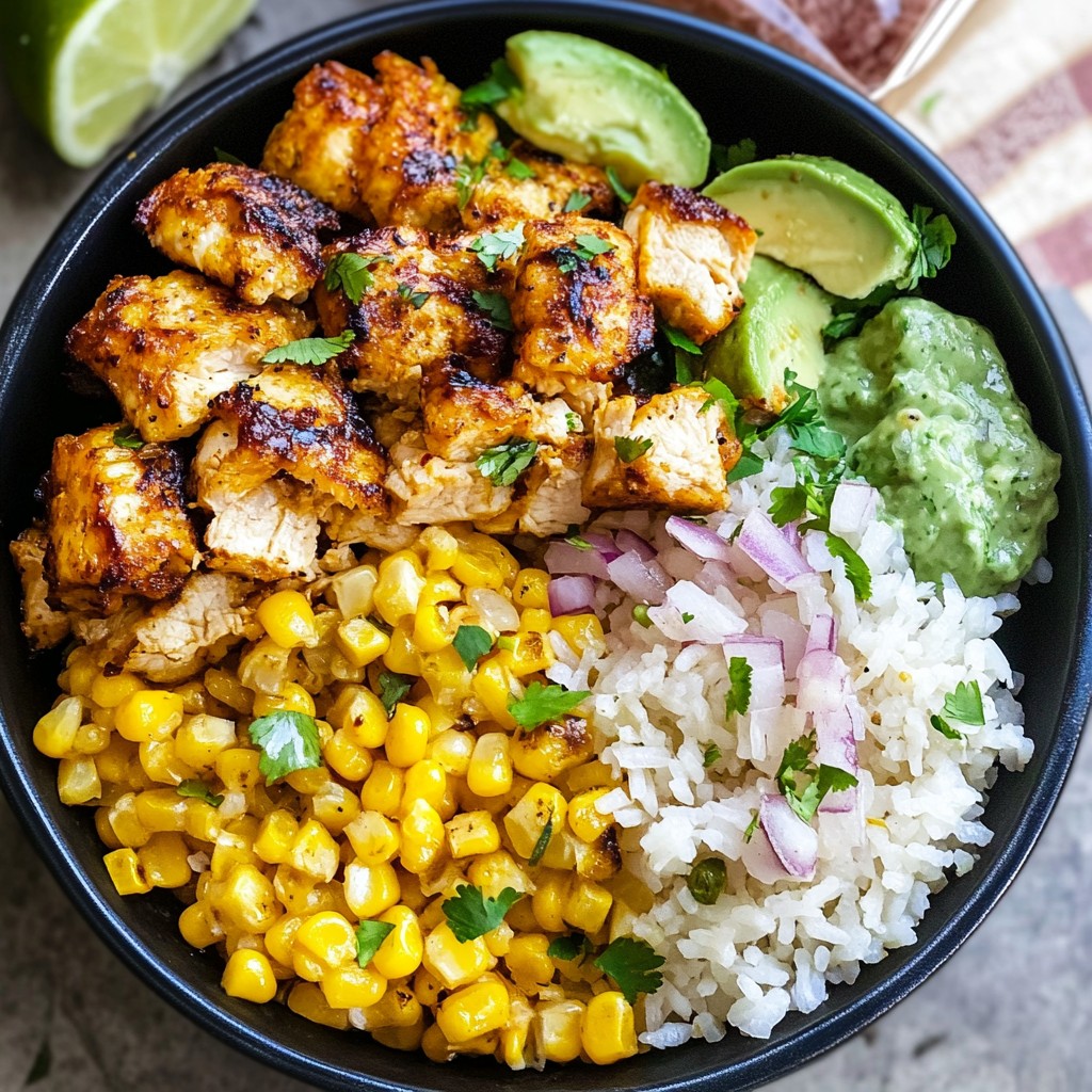 Overhead view of a rice bowl with grilled chicken, corn, avocado, and cilantro in a black bowl
