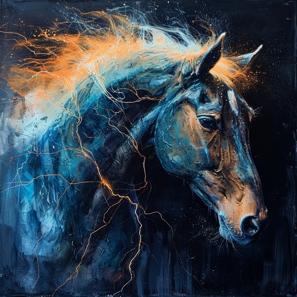 Abstract blue horse with glowing orange and teal mane flowing like fire against dark cosmic background