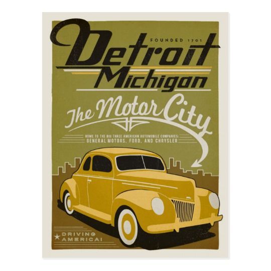 Vintage Detroit Michigan poster with a classic yellow car and The Motor City lettering