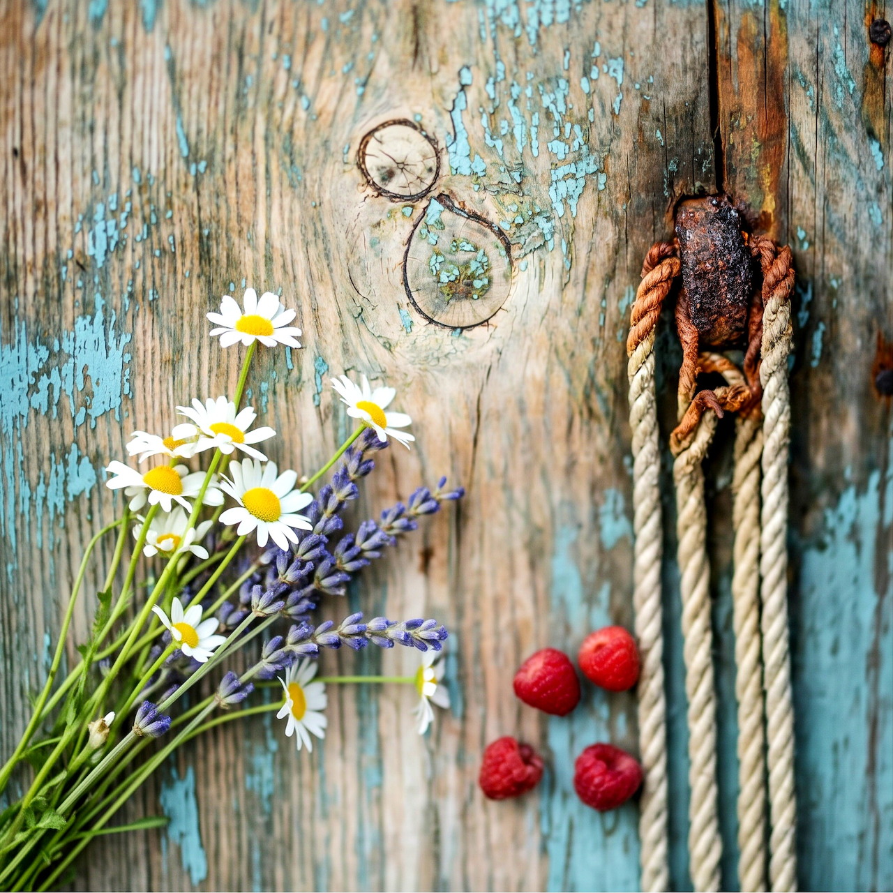 Daisies, lavender, and raspberries on weathered wood beside thick rope