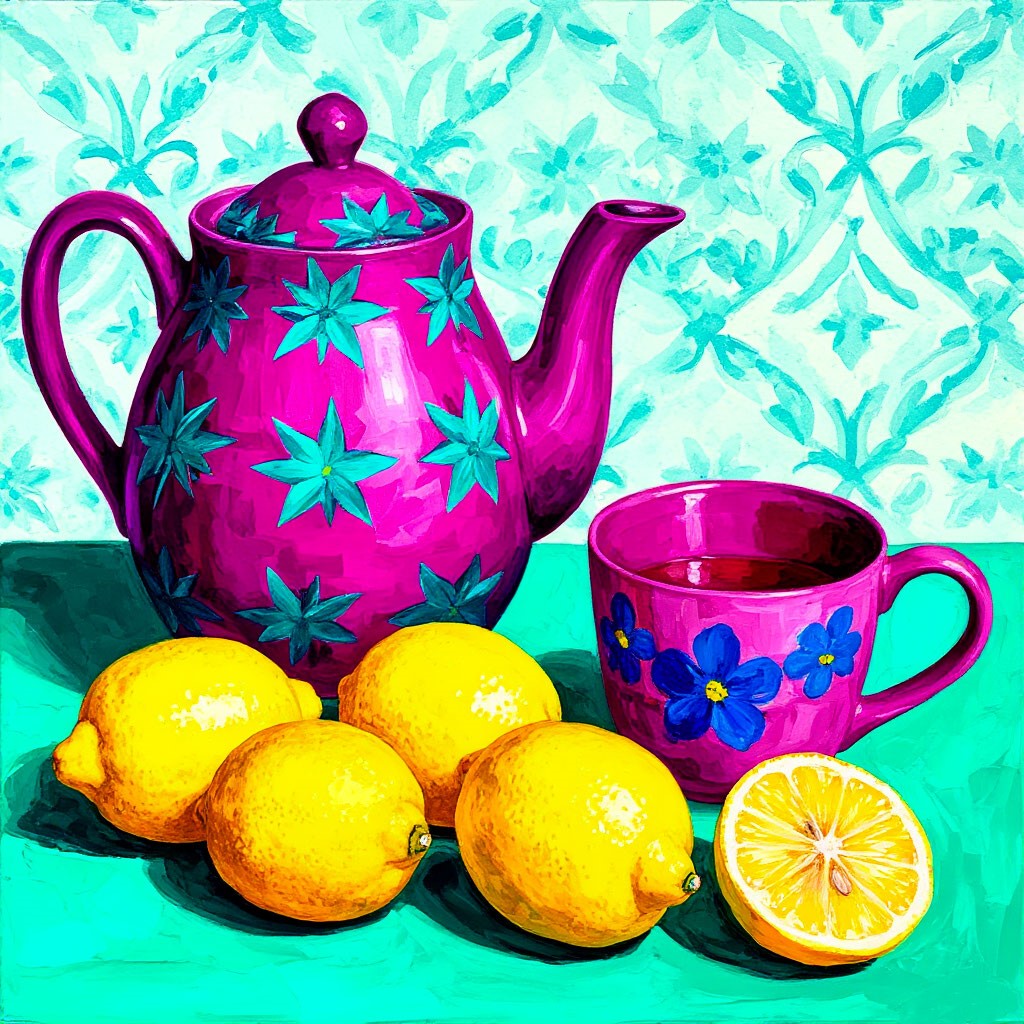 Magenta floral teapot and cup with several yellow lemons on a turquoise surface