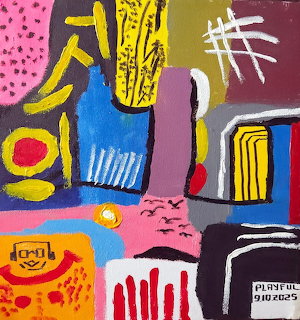 Colorful abstract painting with bold shapes, a blue vase, and geometric forms