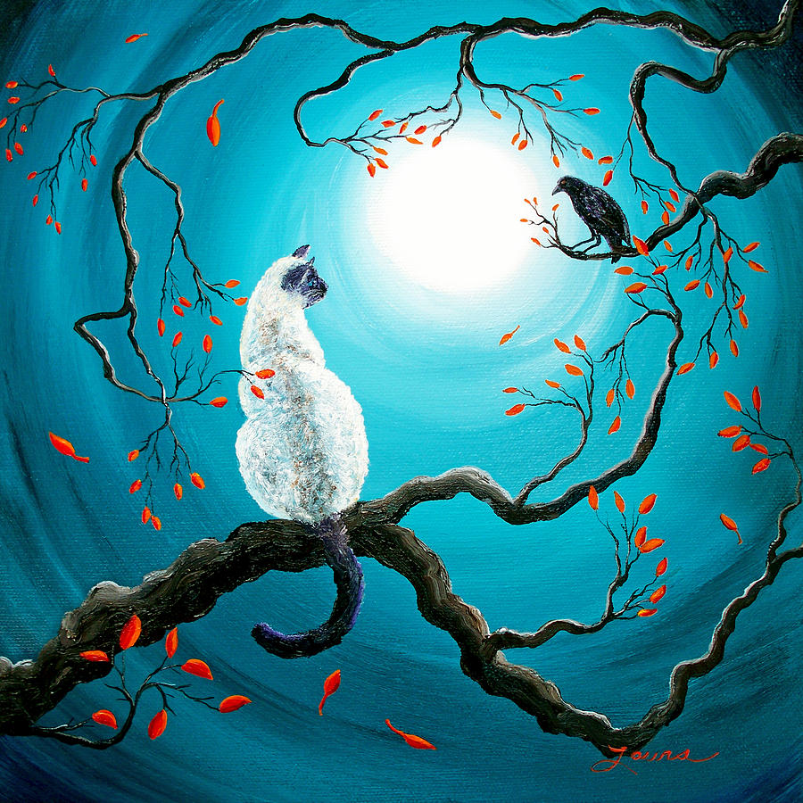 White cat on twisted branch against full moon with orange leaves and bird in teal sky