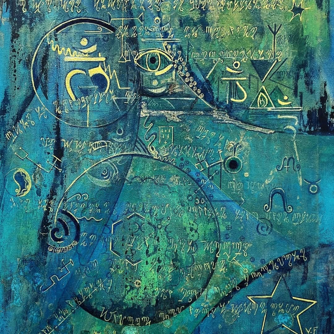 Abstract blue and green painting with symbols, circles, and handwritten script