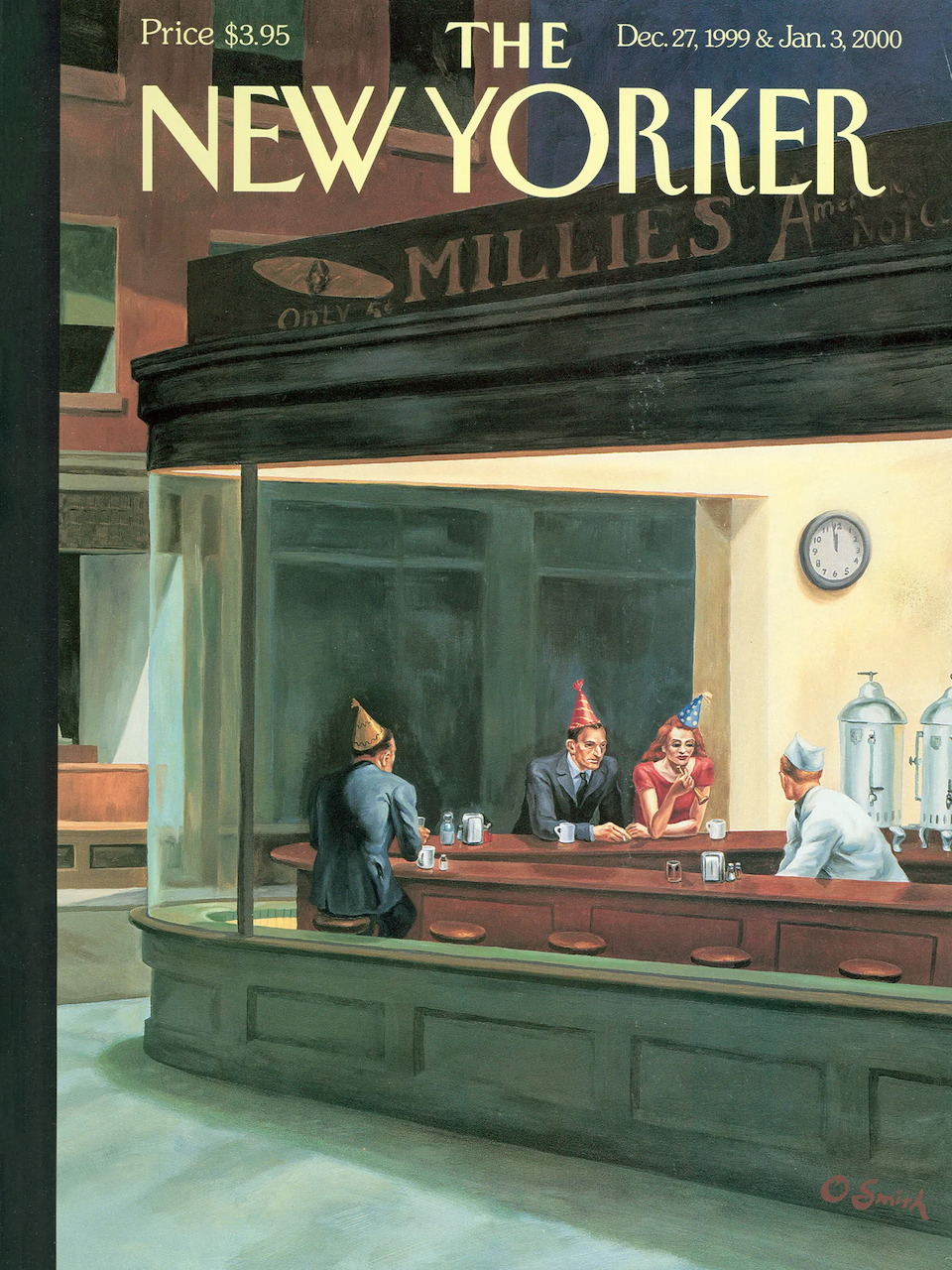 The New Yorker magazine cover showing people in a late-night diner with green tones and Millie's sign above