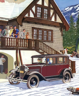 Vintage illustration of a 1930s Ford automobile parked in front of a ski lodge with mountains in background