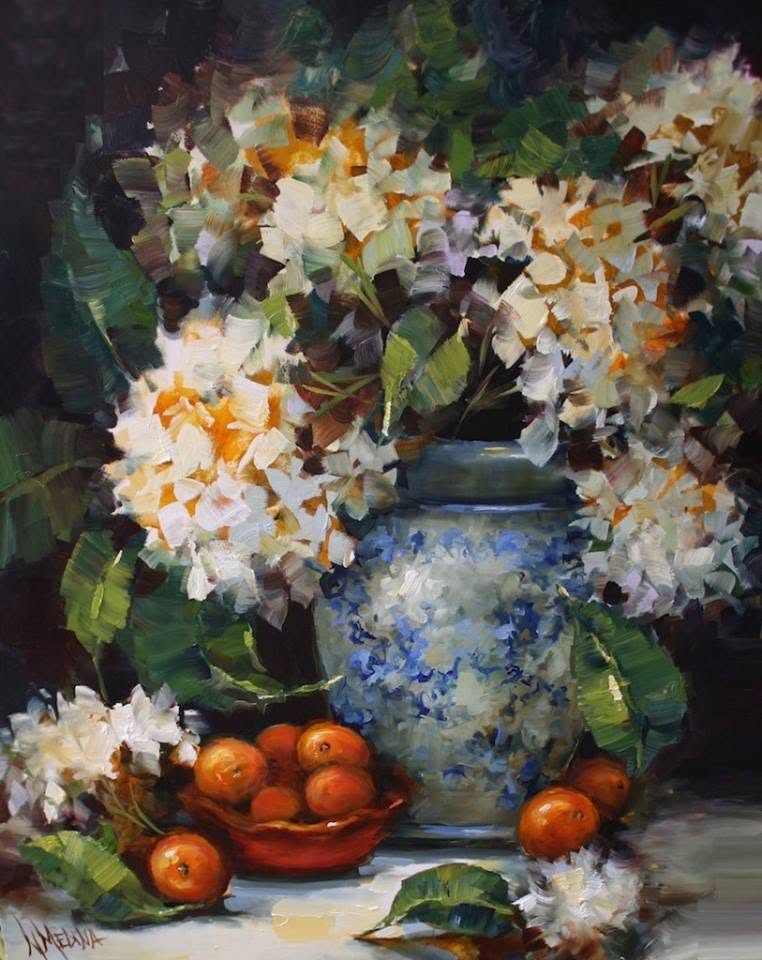 Painting of white flowers in a blue vase with oranges and green leaves on a table.
