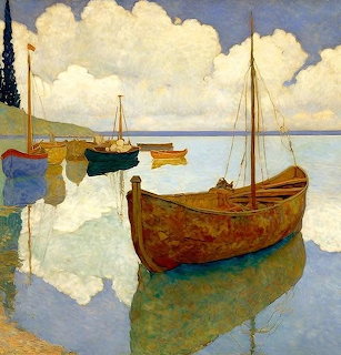 Impressionist painting of wooden sailboats floating in calm harbor water with cloudy sky reflection