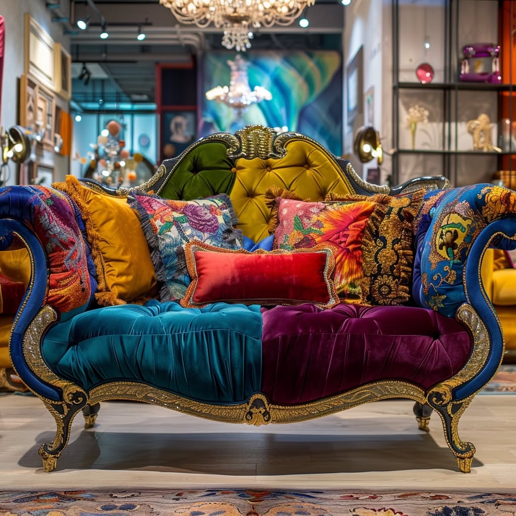 Ornate antique-style sofa with jewel-toned velvet and gold carved details, adorned with colorful patterned cushions