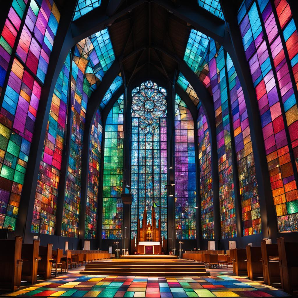 Modern chapel interior with colorful stained glass windows illuminating wooden pews