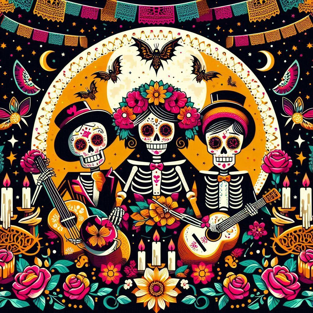 Colorful illustration of three skeleton musicians with guitars, flowers, candles, and bats
