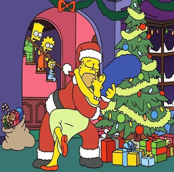 Simpsons character in Grinch Santa costume sneaking by Christmas tree with ornaments and wrapped gifts