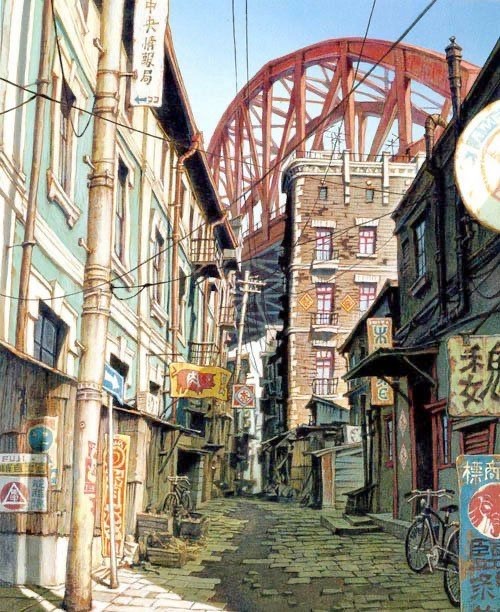 Painting of a narrow Japanese street with old buildings, signs, and a large iron bridge structure above
