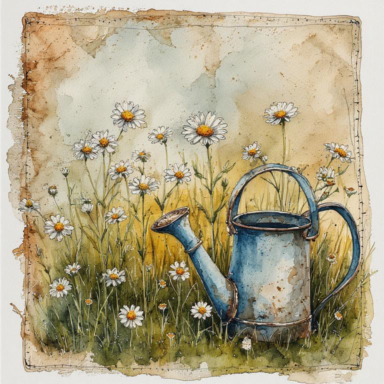 Illustration of white daisies and a weathered blue watering can in tall grass