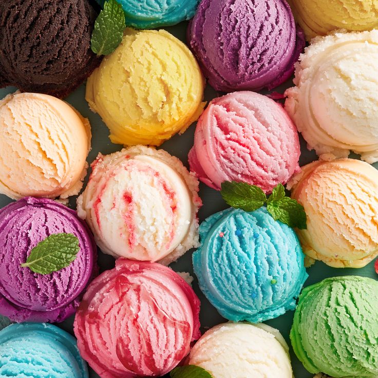 Colorful ice cream scoops in various flavors with mint leaves