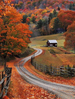 Winding country road leading to a wooden cottage amid colorful autumn foliage on rolling hills