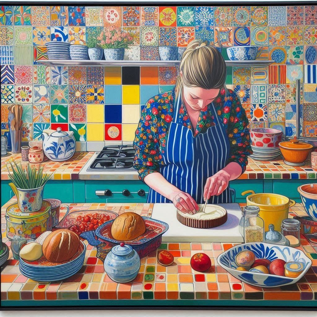 Woman mixing batter at a colorful tiled kitchen counter with bowls, fruit, and cookware