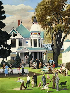 Illustrated Victorian house with family gathering on lawn, vintage style