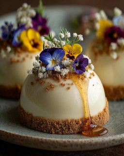 White dome dessert with caramel drizzle, crumb base, topped with purple, yellow, and white edible flowers