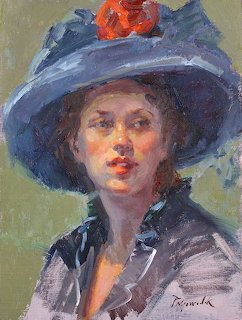 Impressionist painting of woman in large blue hat with red rose