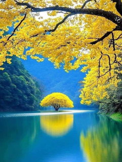 Golden tree with perfect mirror reflection in turquoise lake surrounded by autumn foliage and mountains