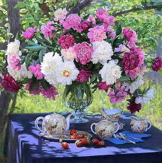 Impressionist painting of peony bouquet with tea service and strawberries on blue tablecloth in garden