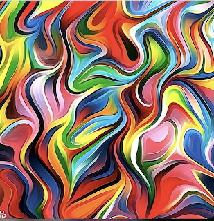 Colorful abstract painting of flowing multicolored swirls and curved shapes