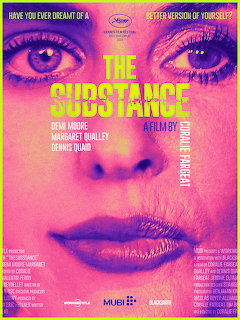 Movie poster with woman's face in bright pink and purple with bold yellow text reading The Substance