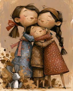 Illustration of three smiling girls hugging each other in patterned dresses with a small bunny toy nearby