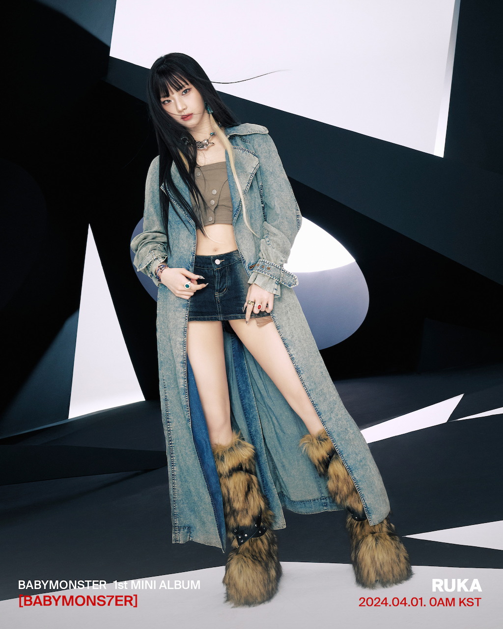 BABYMONSTER Ruka in denim outfit and fur boots posing for album promotional photo
