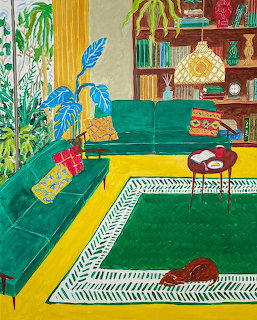 Illustrated living room with green sofa, yellow walls, patterned rug, bookshelf, houseplants, and two cats