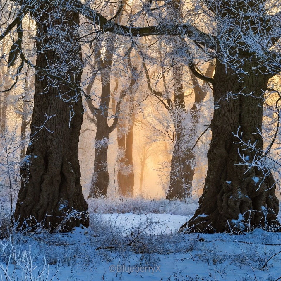 Snowy forest path with frosted trees and golden sunlight filtering through branches in winter