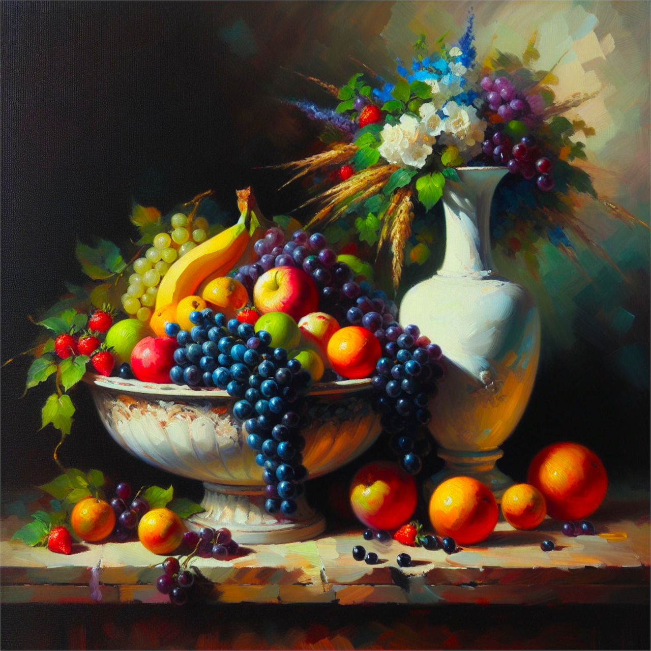 Oil painting of fruit bowl with grapes, peaches, bananas and white flower vase on table