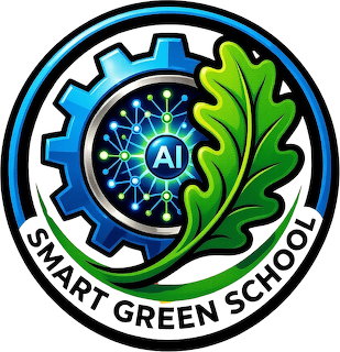 Circular Smart Green School logo with blue gear, AI icon, and green leaf