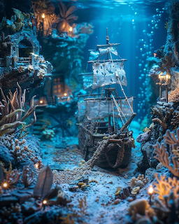 Miniature diorama of a sunken ship surrounded by coral and underwater scenery with blue lighting