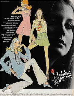 1969 Ladybug vintage fashion illustration with three young women in mod miniskirts and flared trousers
