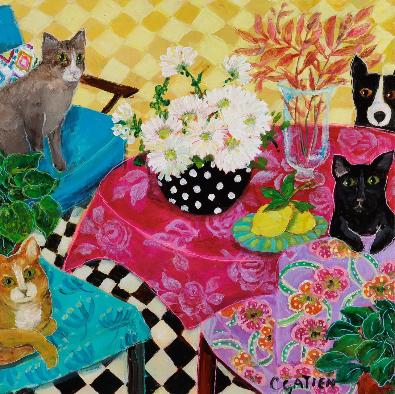 Colorful painting of three cats in a vibrant interior with flowers, fruit, and patterned tables
