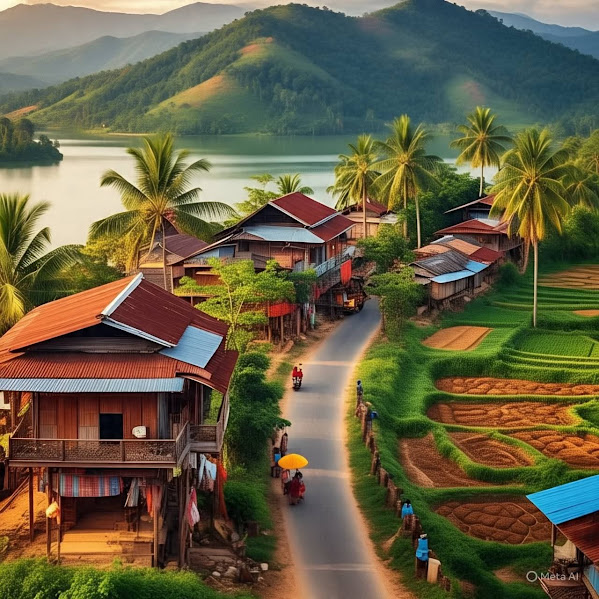 Aerial view of tropical village with palm trees, houses, and lake surrounded by mountains