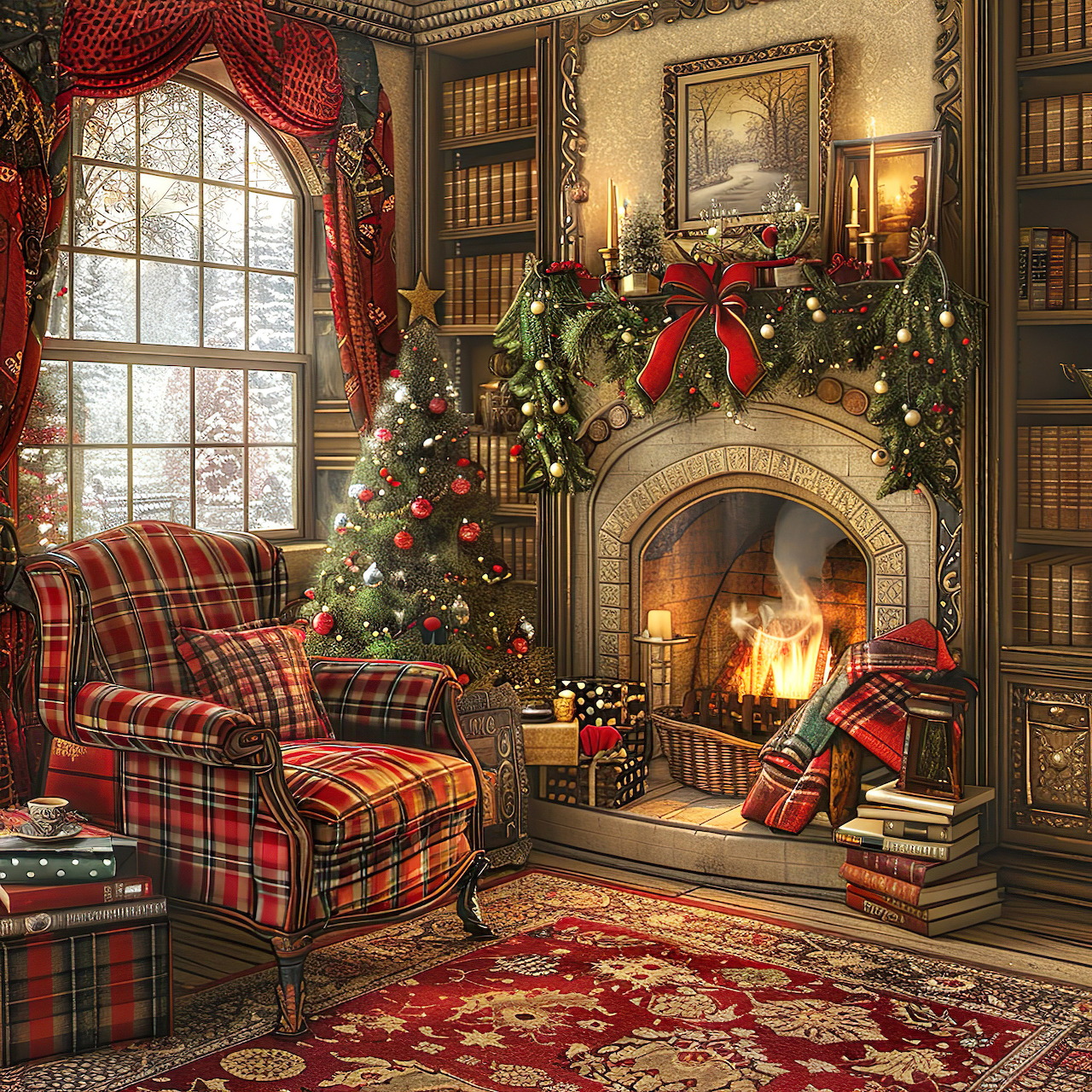 Warm Christmas room with fireplace, decorated tree, red plaid chair, bookshelves, and snowy window