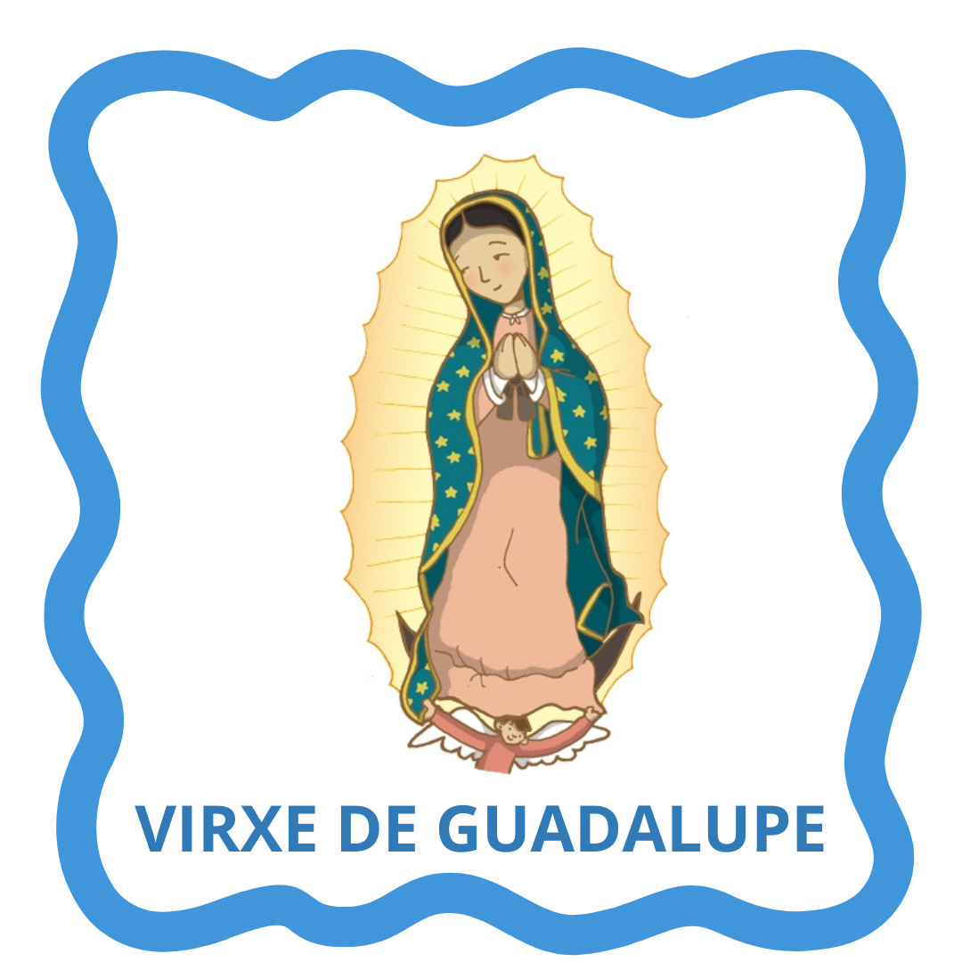 Illustration of the Virgin of Guadalupe with a blue decorative border and title text below