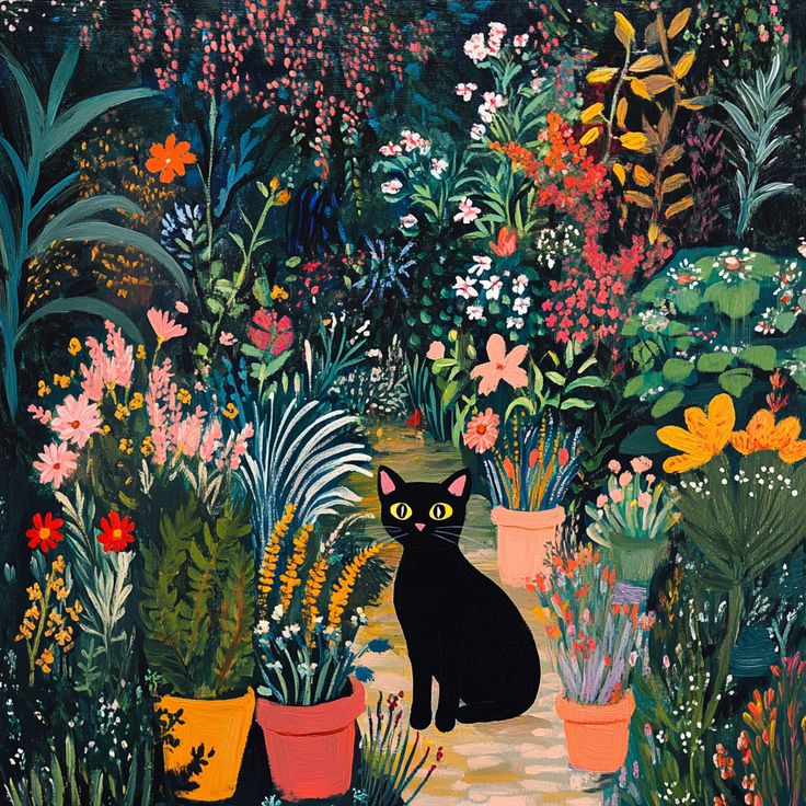 Black cat sitting among colorful potted plants and flowers in an illustrated garden