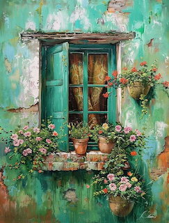 Rustic turquoise shuttered window with pink flowers in pots on weathered teal wall