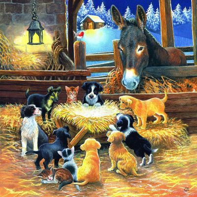 Illustrated barnyard nativity scene with donkey, dogs, cats, and small animals gathered around a hay manger in a stable