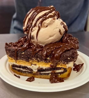Chocolate cake dessert with vanilla ice cream and chocolate drizzle on a white plate