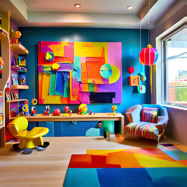Bright playroom with colorful geometric wall art, rainbow rug, and vivid furniture in blues, yellows, reds, and greens