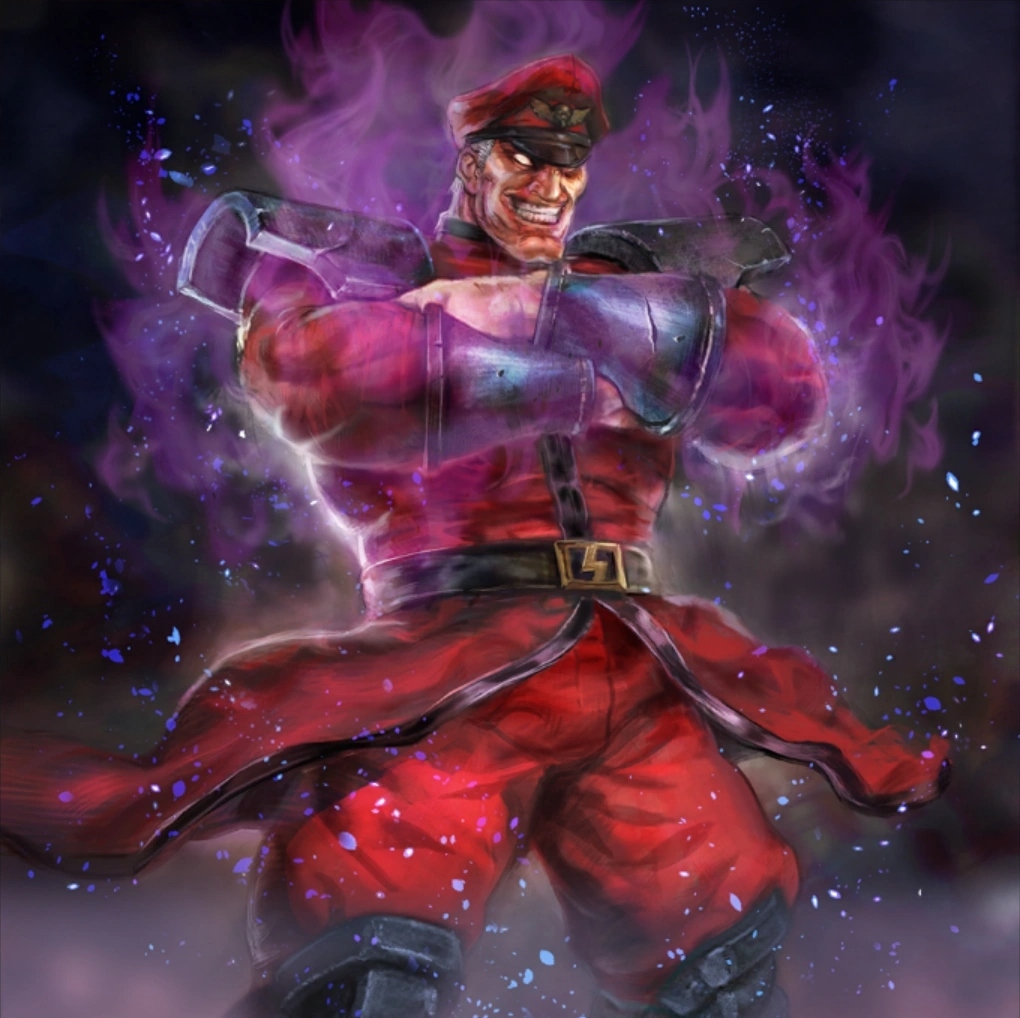 Illustration of M. Bison in red uniform with purple glowing energy around him
