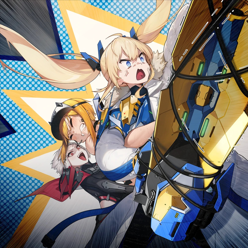 Two anime girls with blonde hair and rabbit ears in blue and white costumes on geometric background