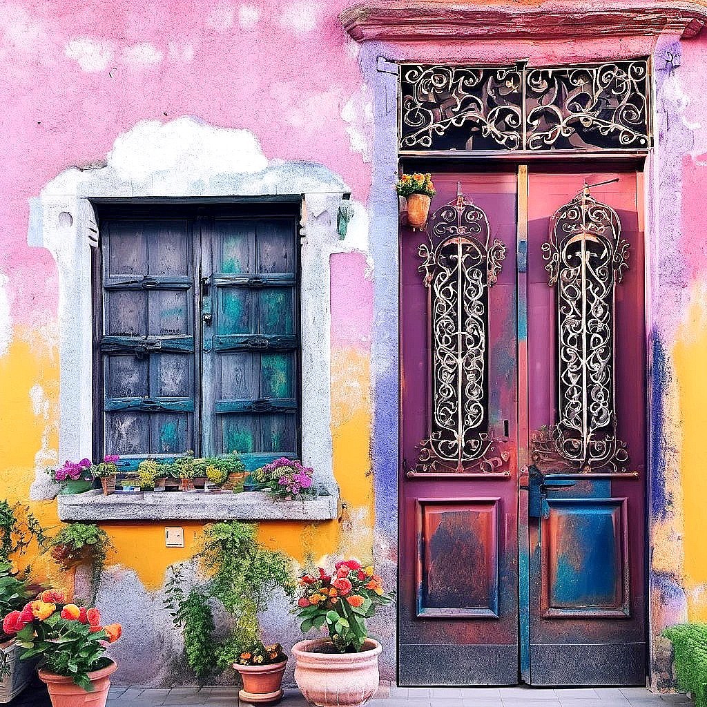 Colorful Mediterranean building facade with ornate blue door, window with flowers, and terracotta pots