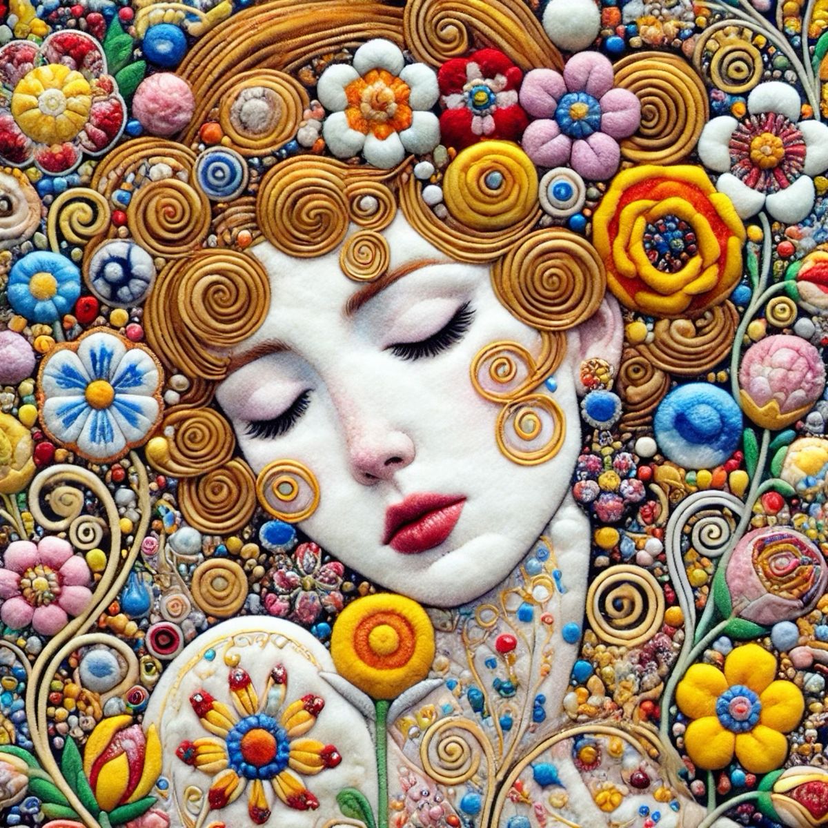 Woman's face framed by vibrant swirling patterns, flowers, and colorful ornamental circles