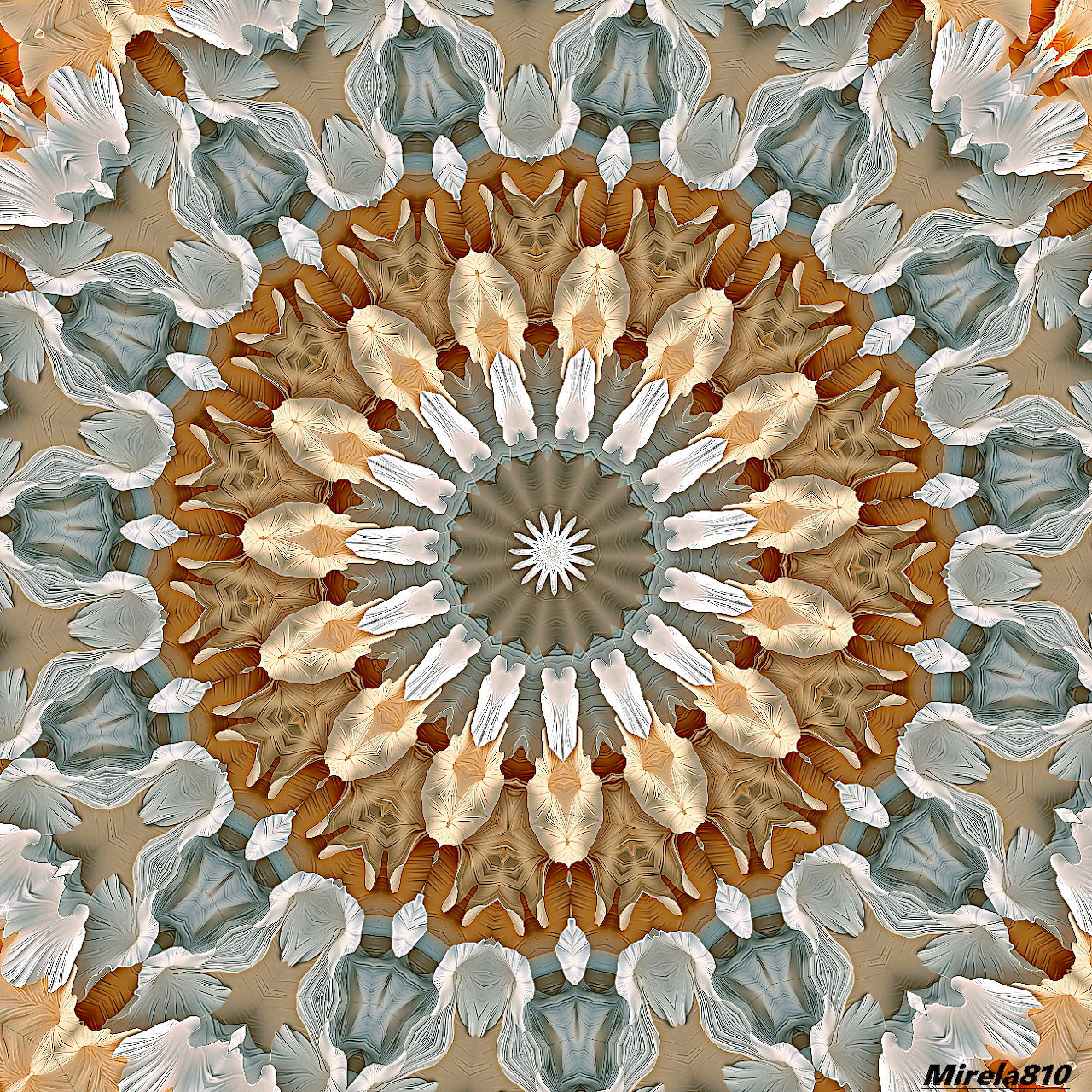 Circular mandala with symmetrical floral petal pattern in orange, cream, and gray-blue radiating from golden center